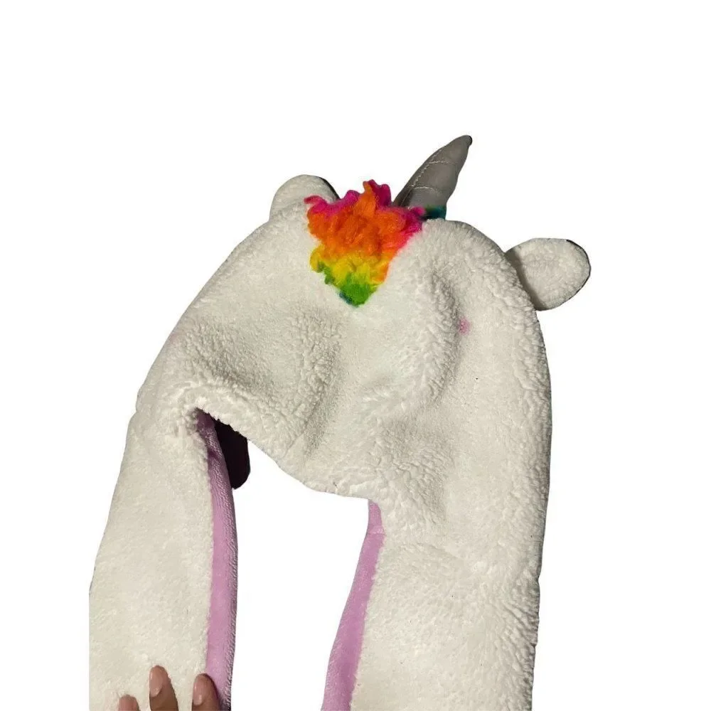 Rainbow Girls Purple White Unicorn Trapper Hat and Mitten Set All In One Size S